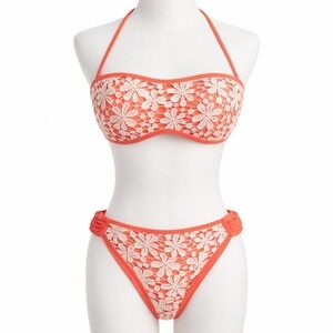 Aerie Large Coral Crochet Bandeau Bikini 2Pc Halter Boho Swimsuit Bathing Suit
